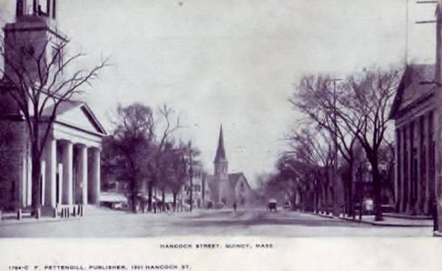 Hancock Street around 1895, with the second Bethany church in the distance