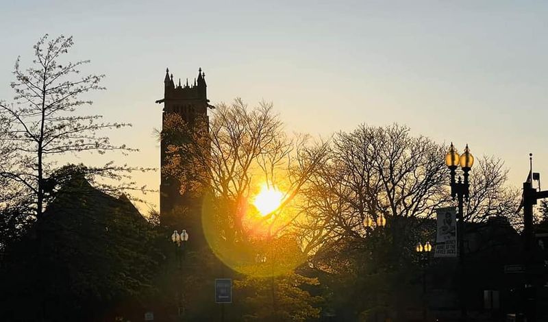 Bethany's bell tower against the sunset